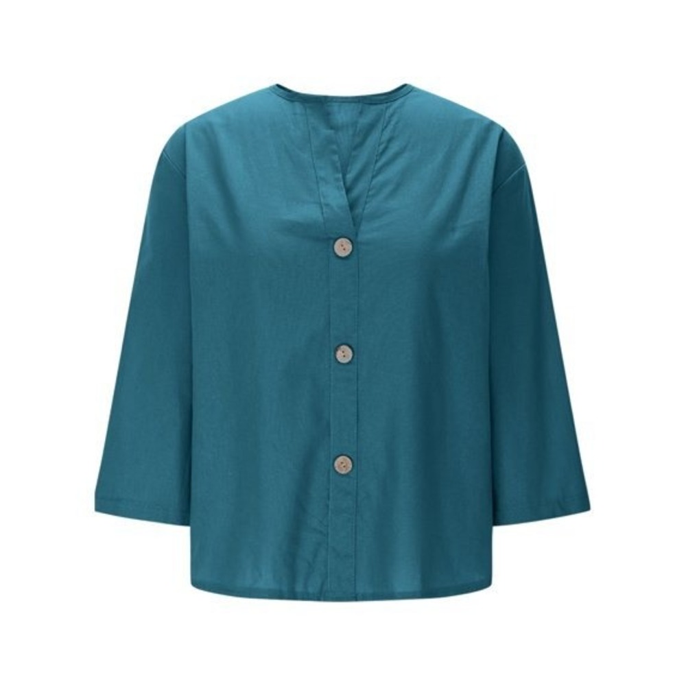 Unbranded Blouse Women XXL Teal Split Neck 3/4 Sleeve Wood Button Top